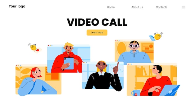 Video call online conference landing page Business characters office workers webcam group communication via internet Employees remote briefing on computer screens Line art flat vector web banner