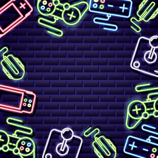 video game controls frame on neon style on brick wall