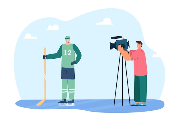 Free Vector video operator filming hockey player on camera. sportsman in uniform posing for camera or giving interview flat vector illustration. sport concept for banner, website design or landing web page