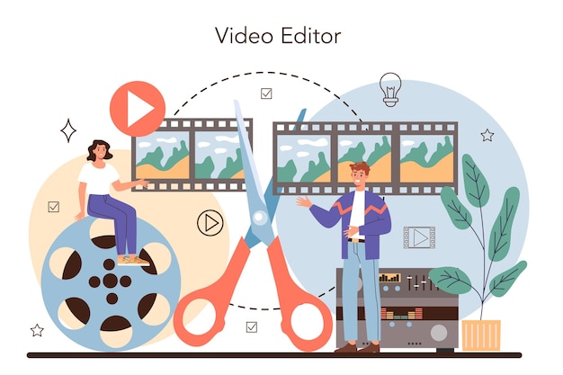 Free Vector videographer concept video production filming and editing cameraman or motion designer making visual content for media with special equipment flat vector illustration