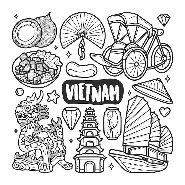 Vietnam Icons Hand Drawn Doodle Coloring