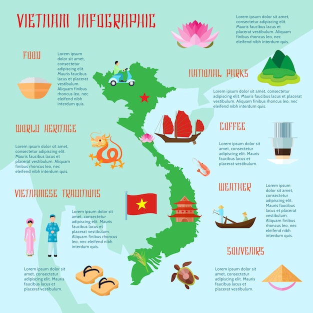 Vietnamese food traditions national parks and cultural information for tourists flat infographic poster abstract vector illustration 