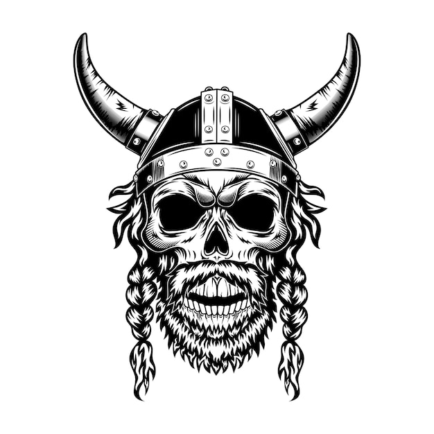 Free Vector viking skull in horned helmet vector illustration. monochrome head of scandinavian warrior with beard and brides