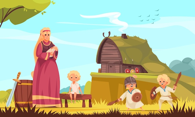 Free vector vikings family cartoon composition with wooden hut mother with kids busy with daily tasks outdoor illustration