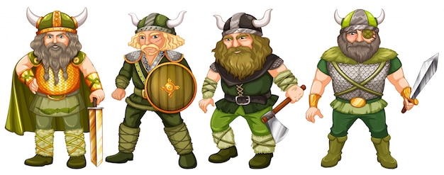 Vikings in green costume holding weapons