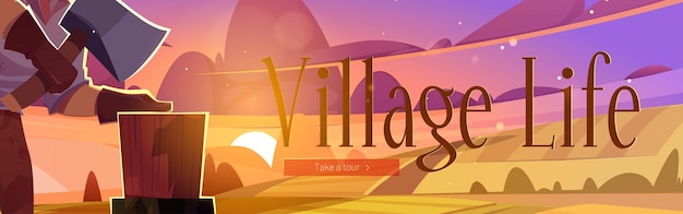 Free Vector village life web banner villager chop firewood