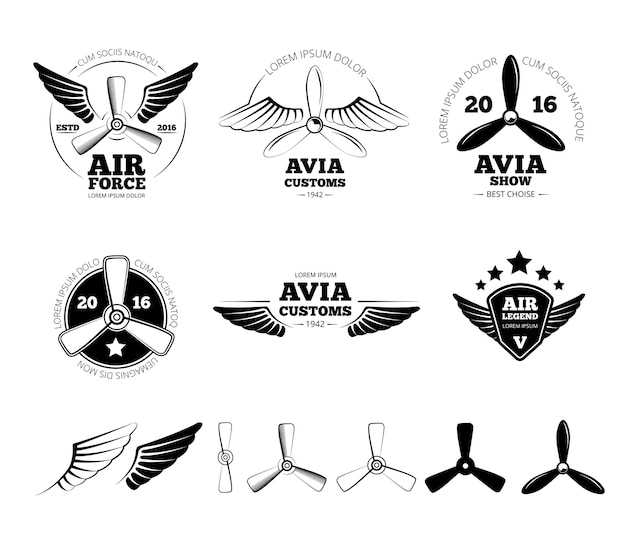 Free Vector vintage airplane labels, emblems and symbols set. aviation stamp, wing flight, propeller vector illustration