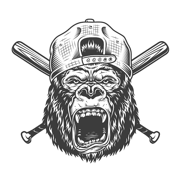 Free vector vintage angry gorilla head in cap