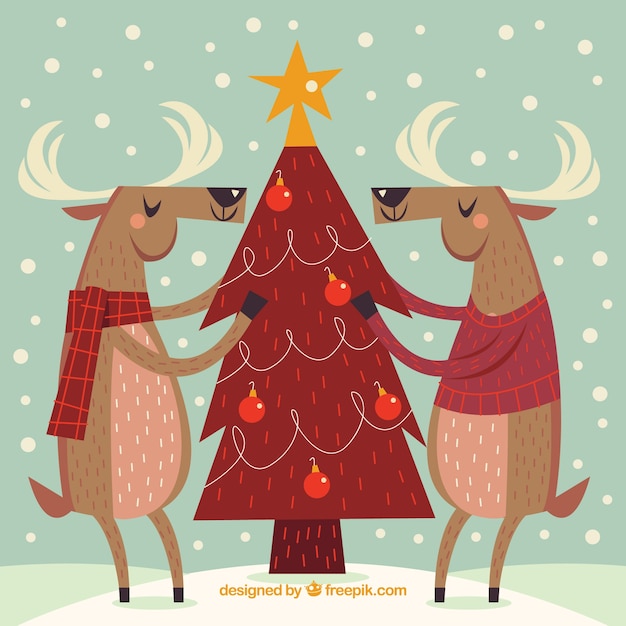 Free Vector vintage background with christmas tree and reindeer