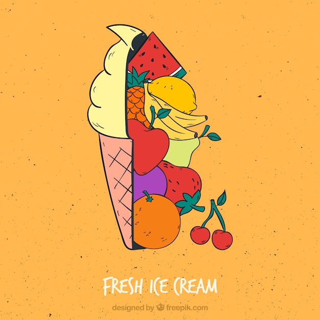 Free Vector vintage background with ice cream cone and fruits