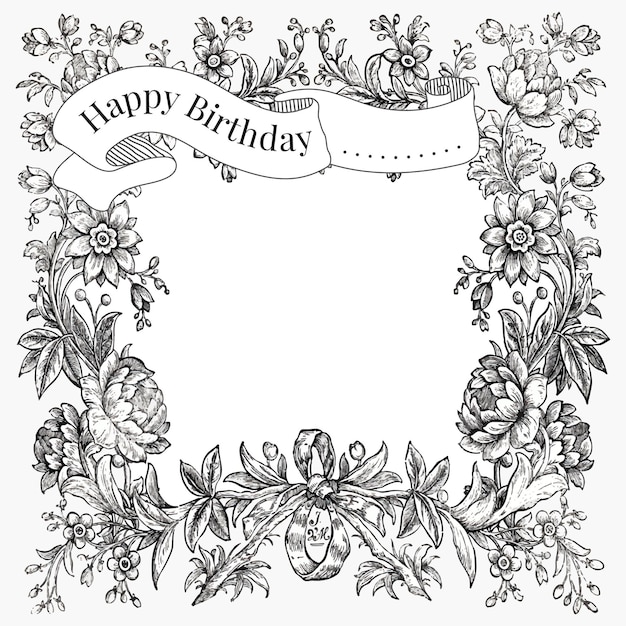 Free Vector vintage birthday greeting template with hand drawn flowers, remixed from public domain collection