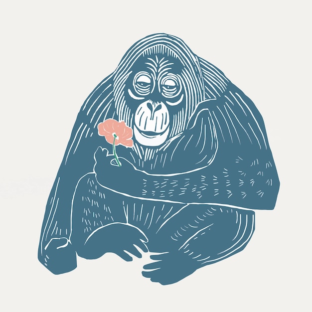 Free Vector vintage blue orangutan linocut style illustration