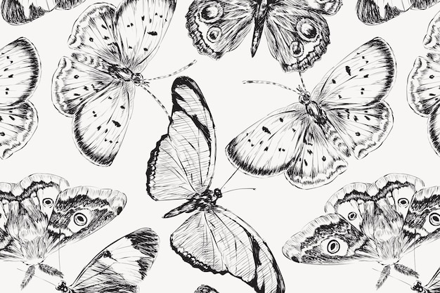 Free vector vintage butterfly pattern background, black and white design vector