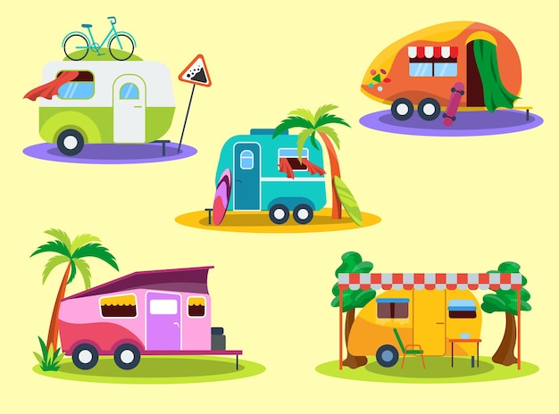 Free vector vintage camper vans flat illustrations set