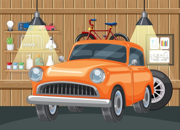 Free Vector vintage car and bicycle in wooden garage