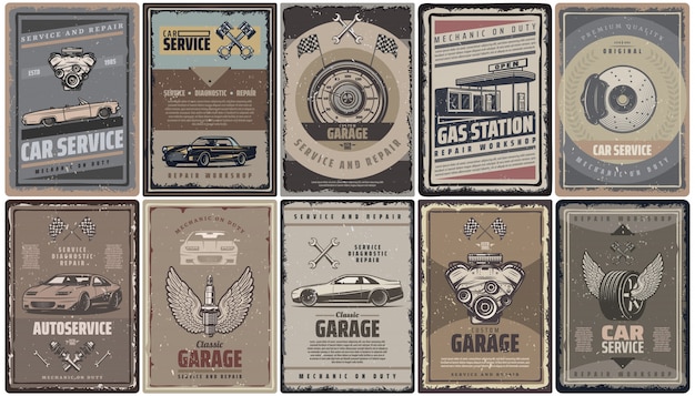 Free vector vintage car service brochures collection with retro automobiles engine pistons flags gas station and auto parts isolated