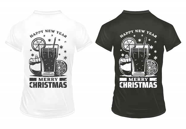 Free vector vintage christmas holiday prints template with inscriptions cocktail lemon slice festive ball on shirts isolated