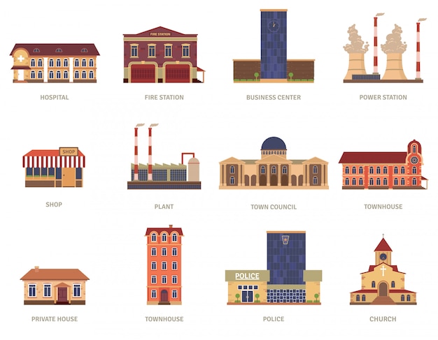 Free Vector vintage city buildings of hospital fire station and downtown business center icons set