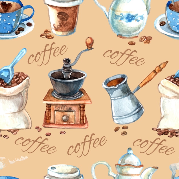 Free vector vintage coffee set items seamless pattern