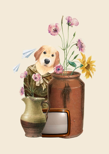 Free Vector vintage collage dog illustration collage vector, mixed media art