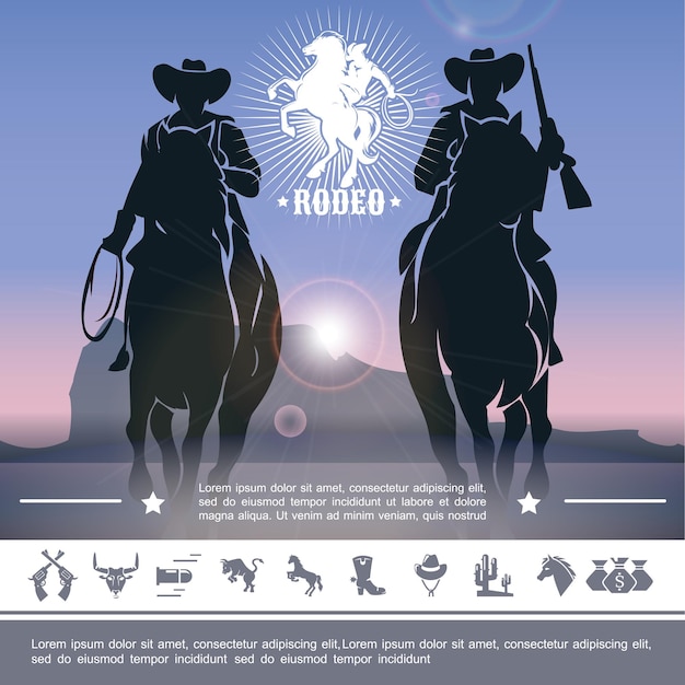 Free Vector vintage cowboy rodeo concept with jockeys riding horses and wild west icons  illustration,