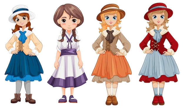 Free Vector vintage dress collection girls and women in traditional attire