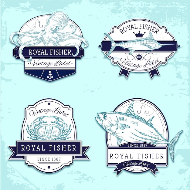 Free Vector vintage fishing badge pack