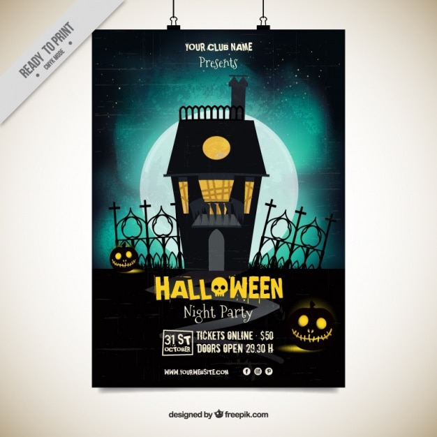 Free vector vintage flyer with pumpkins and an enchanted house