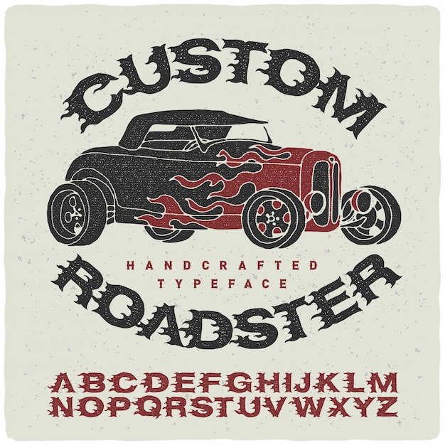 Vintage font set with roadser illustration