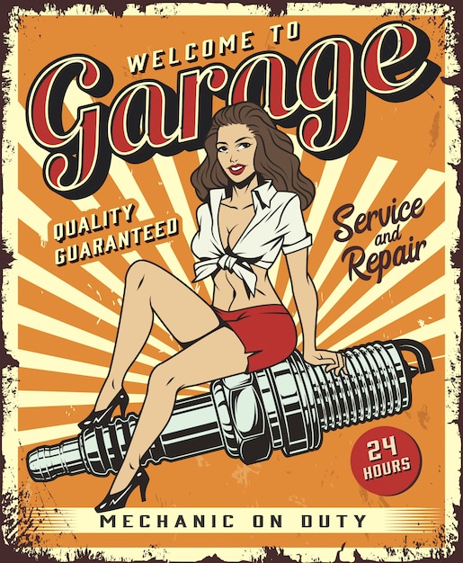 Free Vector vintage garage service poster template with pin up girl