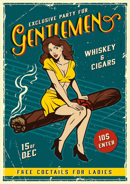 Free vector vintage gentlemen party poster with pin up girl