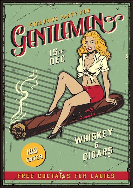 Free Vector vintage gentlemen party poster with pin up girl