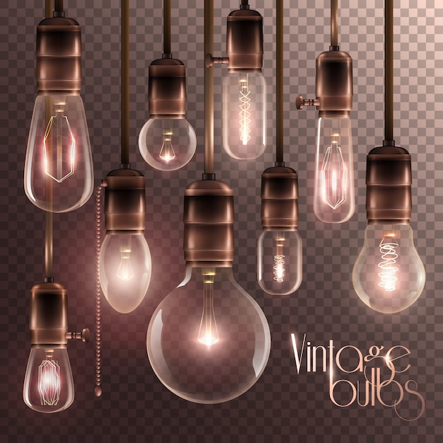 Free Vector vintage glowing light bulbs transparent set