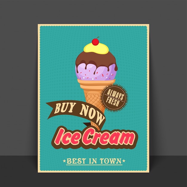 Free Vector  vintage green flyer, template or banner design with illustration of delicious ice cream. 