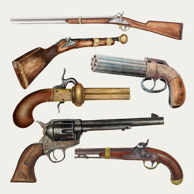 Free Vector vintage guns vector set illustration, remixed from public domain collection