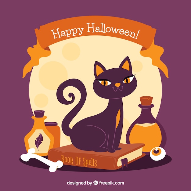 Free vector vintage halloween background with black cat and potions