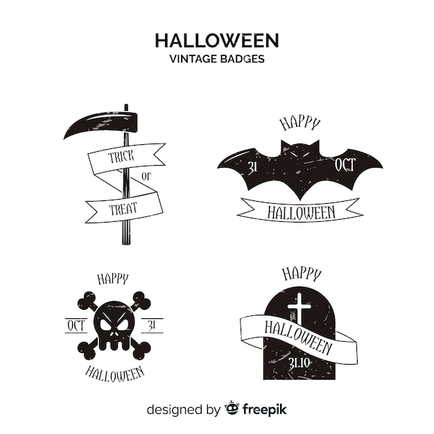 Free vector vintage halloween labels collection in black and white