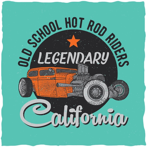 Free Vector vintage hot rod t-shirt label design with illustration of custom speed car.