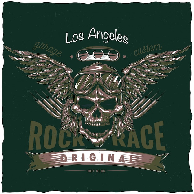 Free Vector vintage hot rod t-shirt label design with illustration of driver skull with glasses and wings. hand drawn illustration.