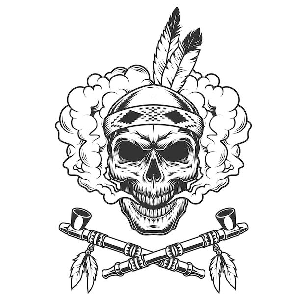 Free vector vintage indian warrior skull with feathers