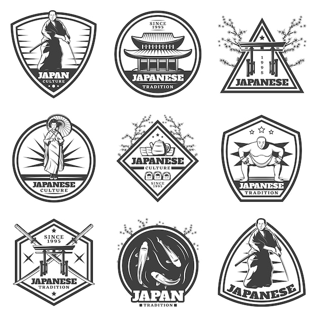 Free Vector vintage japanese culture labels set with samurai woman sumo player and traditional national elements isolated