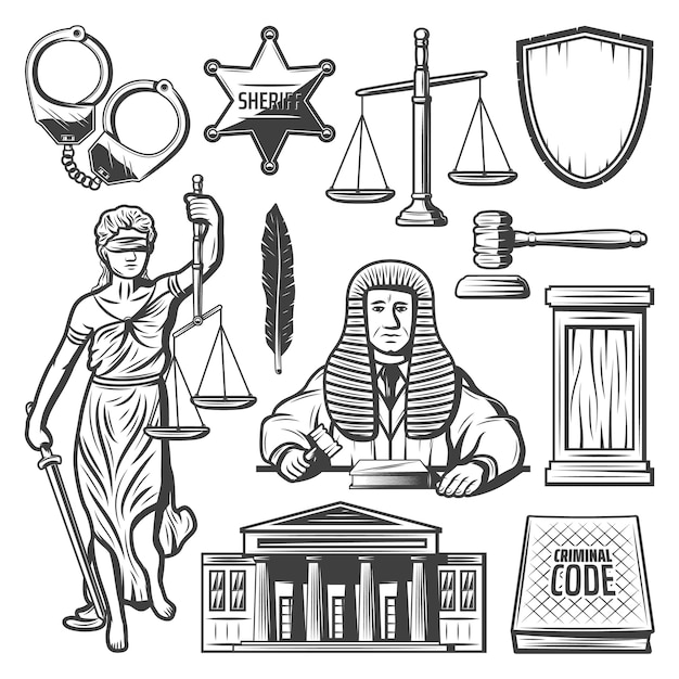 Free vector vintage judicial system elements set with judge handcuffs police badge scales gavel feather law book themis statue courthouse isolated