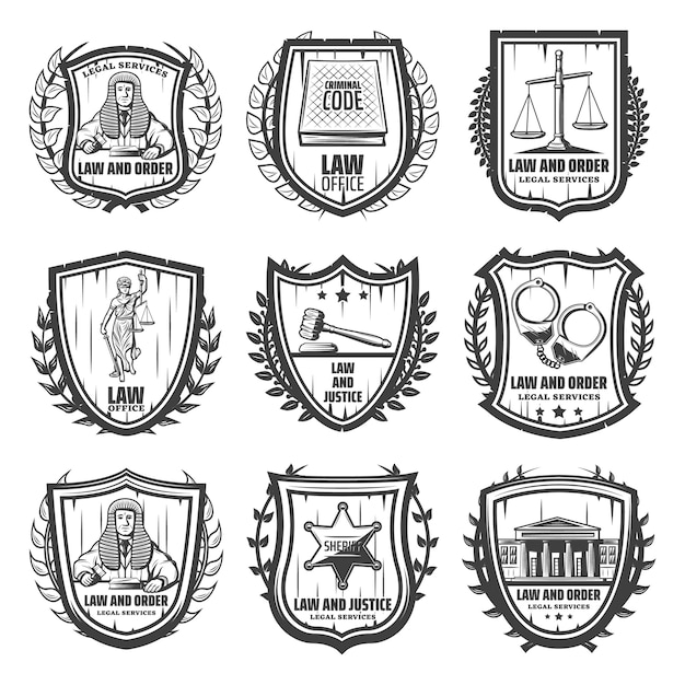 Free vector vintage justice emblems set with judge law book scales themis statue gavel handcuffs sheriff badge courthouse isolated