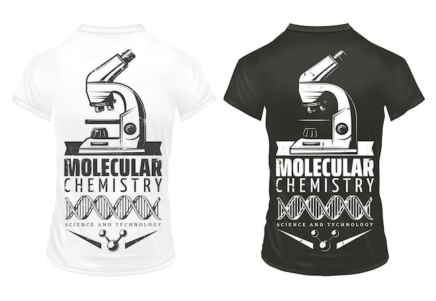 Free vector vintage laboratory research prints template with inscription microscope dna molecular structure on white and black shirts isolated