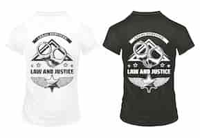 Free vector vintage law and justice prints template with inscription handcuffs and police badge on shirts isolated