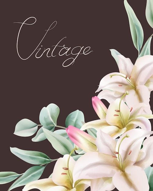 Free Vector vintage lily flowers with green leaves composition. place for text