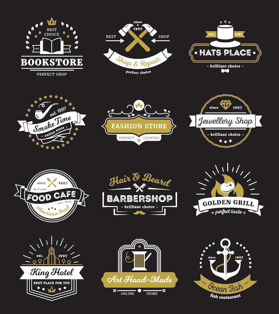 Vintage logos of hotel stores restaurant and cafe with design elements 