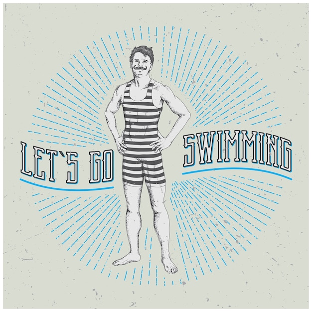 Free Vector vintage man poster with funny slogan let's go swimming illustration