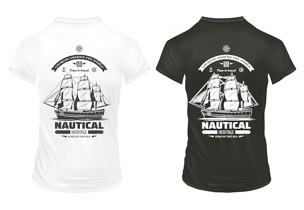 Free vector vintage marine and nautical prints template with inscriptions and big ship on shirts isolated