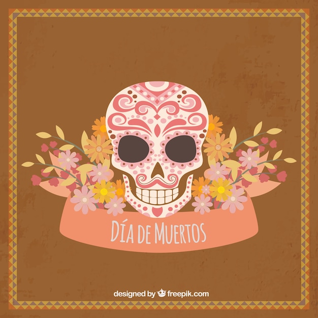 Free vector vintage mexican skull background with floral decoration